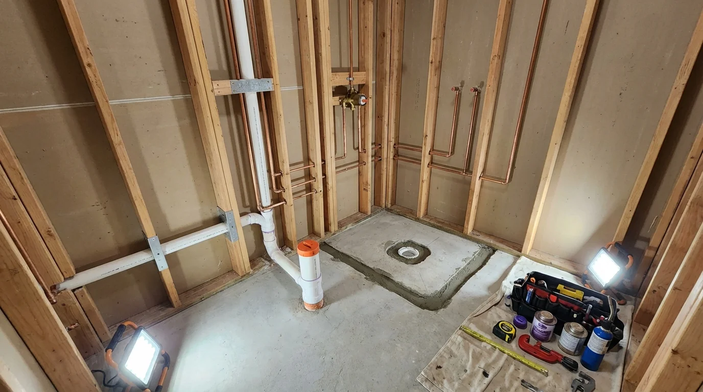 Bathroom rough-in plumbing during remodel by Johns Plumbing LLC in Meigs