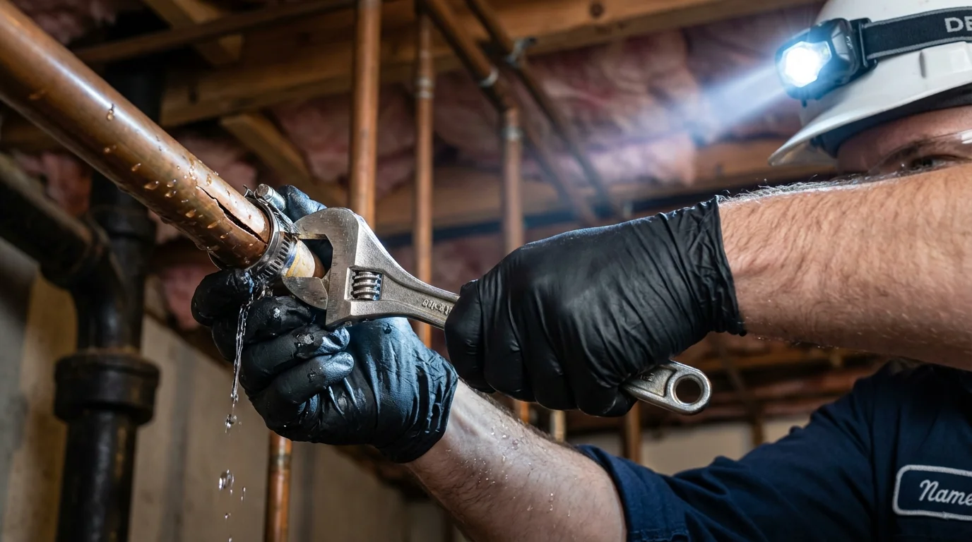 Emergency pipe clamp repair being performed by a Johns Plumbing LLC plumber in Meigs