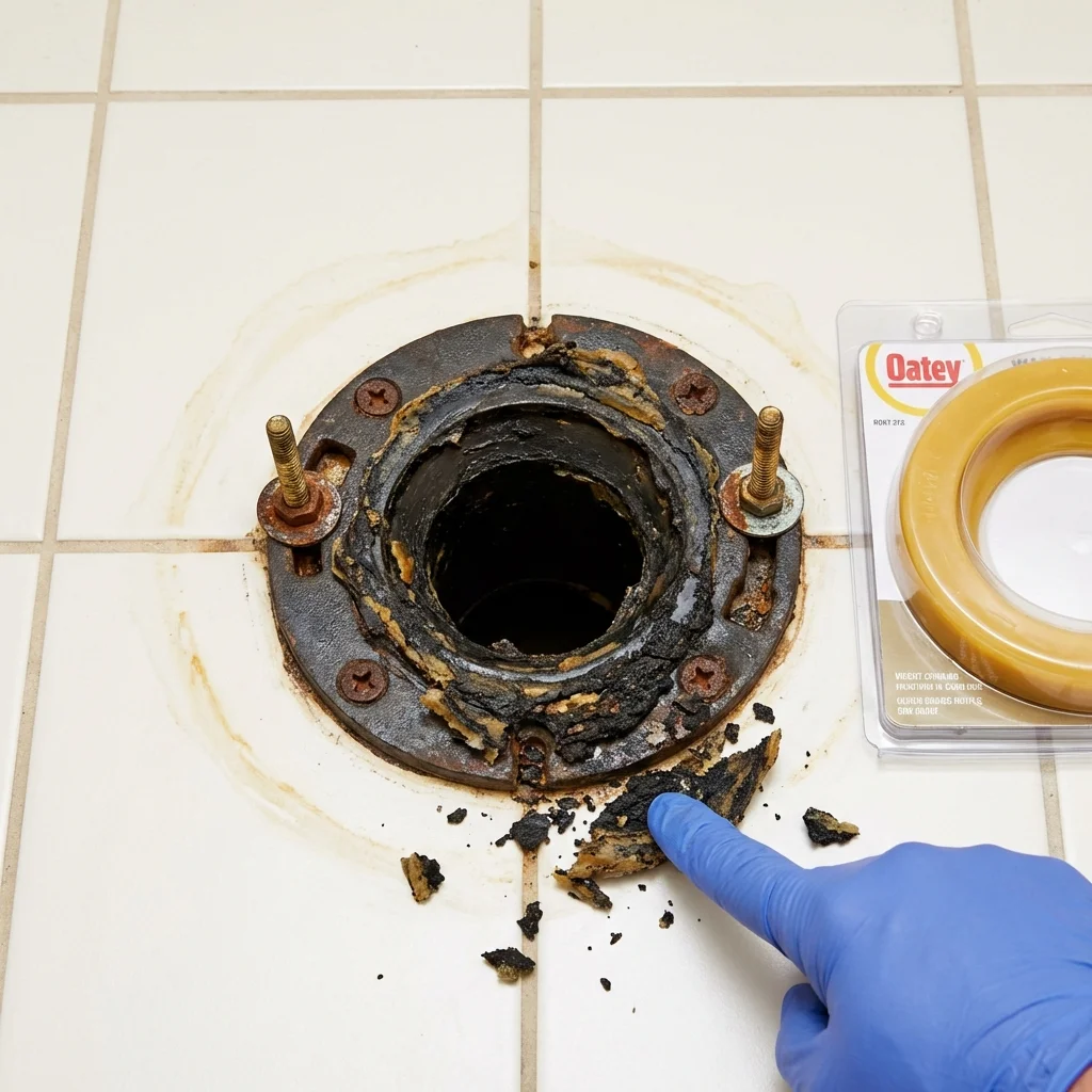 Failed wax ring showing water seepage at the base of a toilet in a Meigs, GA home
