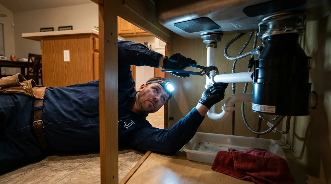 P-trap and supply line connections under a kitchen sink showing a common leak point in Meigs, GA